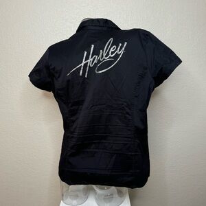 Harley Davidson Womens Black and Silver zip up collared V-Neck Shirt Size Large